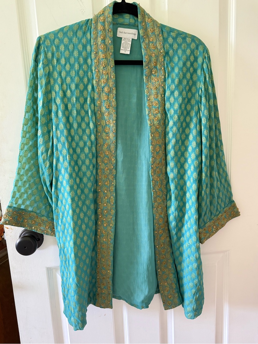 Soft Surroundings Teal Open-Front Embroidered Wrap
